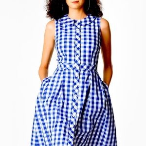 Blue Anthropologie style Gingham Dress with Pockets size Large Zooey Deschanel